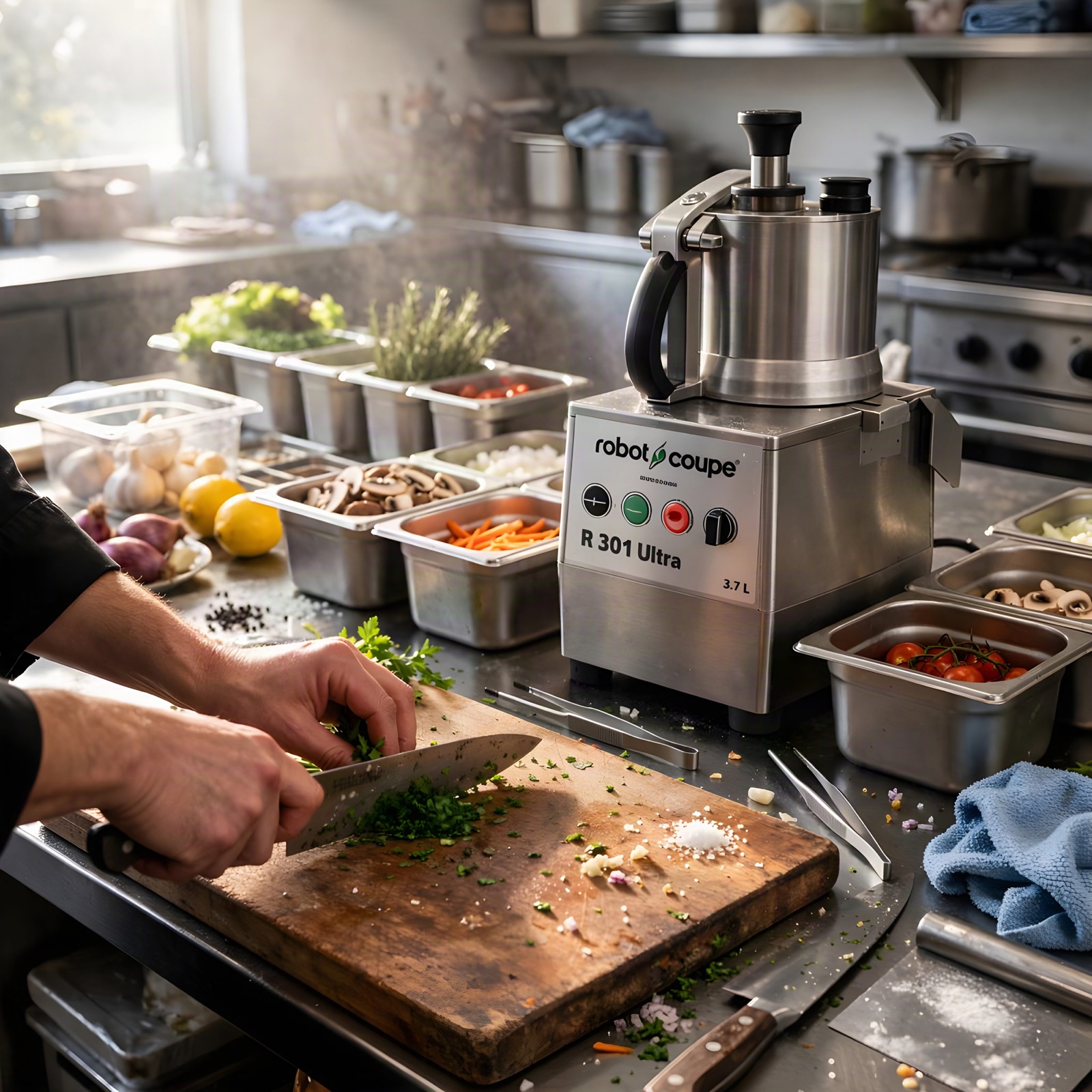 Ingredient prep station with commercial food processor and mise en place