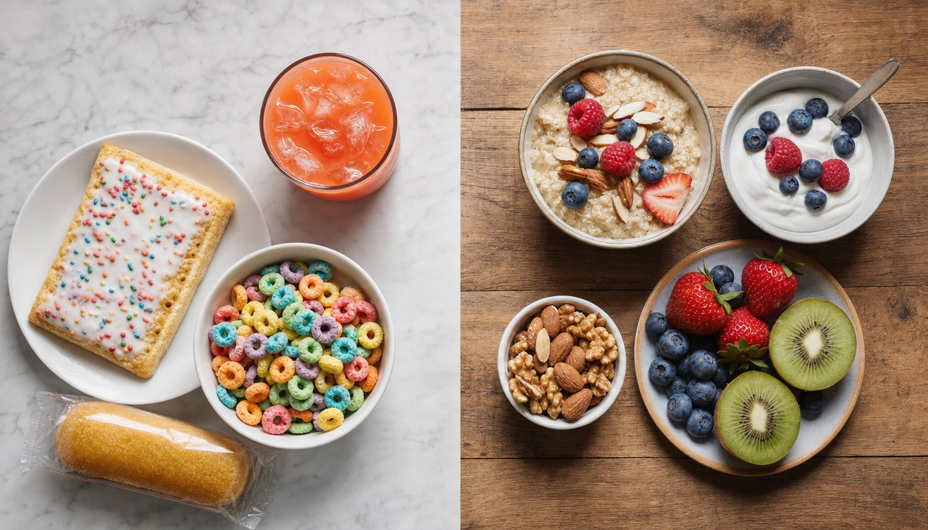 Side-by-side breakfast comparison showing highly processed foods and a whole-food breakfast with oats, fruit and nuts