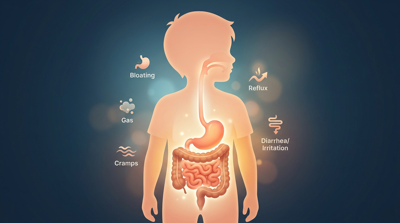 Illustration of a child showing the stomach and intestinal tract with common digestive symptoms