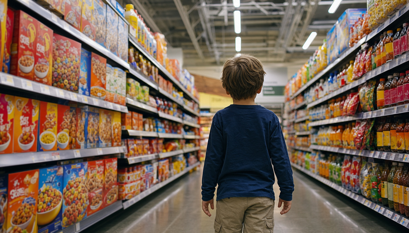 Young child standing in a grocery aisle surrounded by packaged foods
