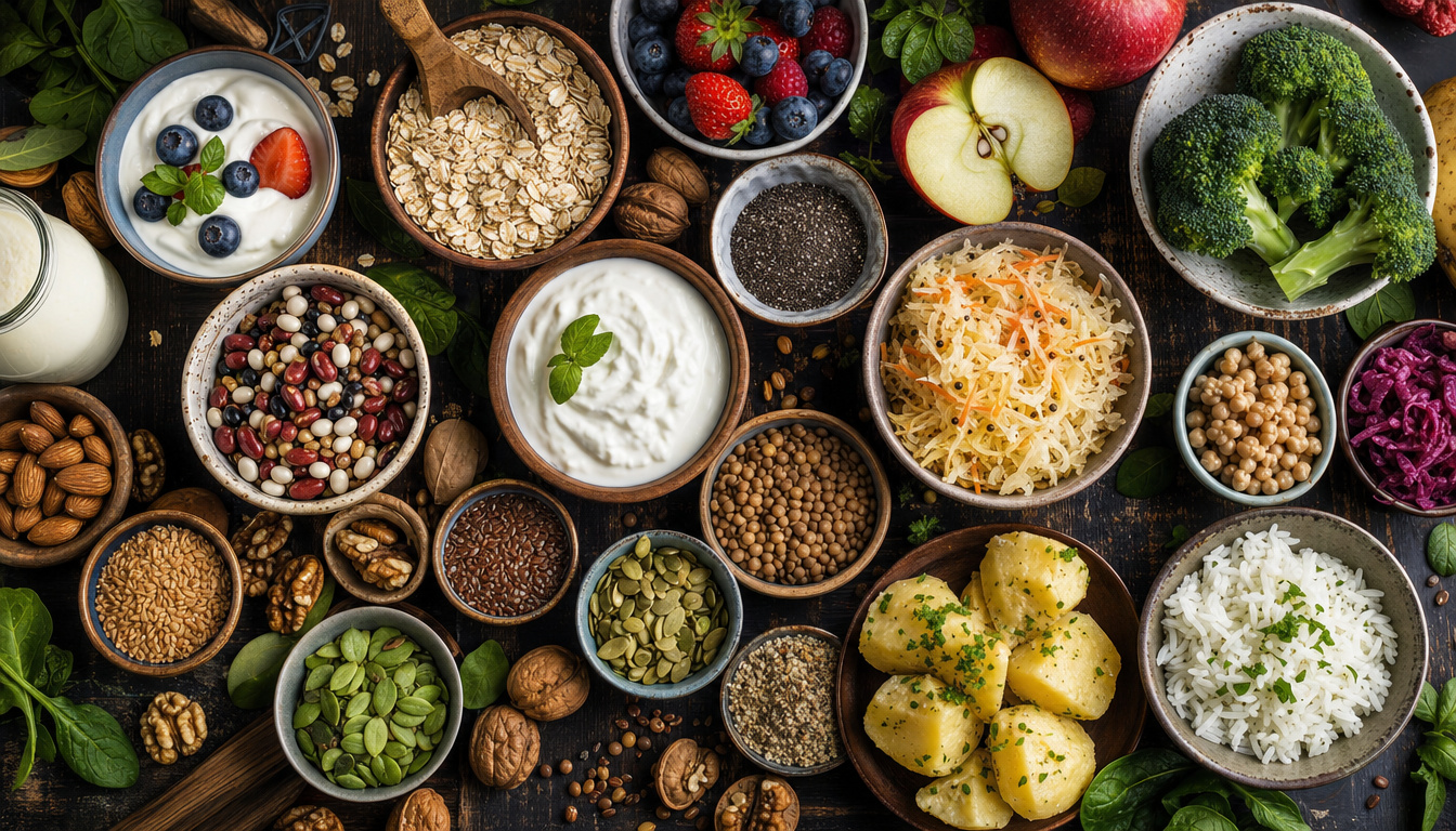 Table filled with beans, oats, berries, yogurt, vegetables, nuts, seeds and other fiber-rich whole foods