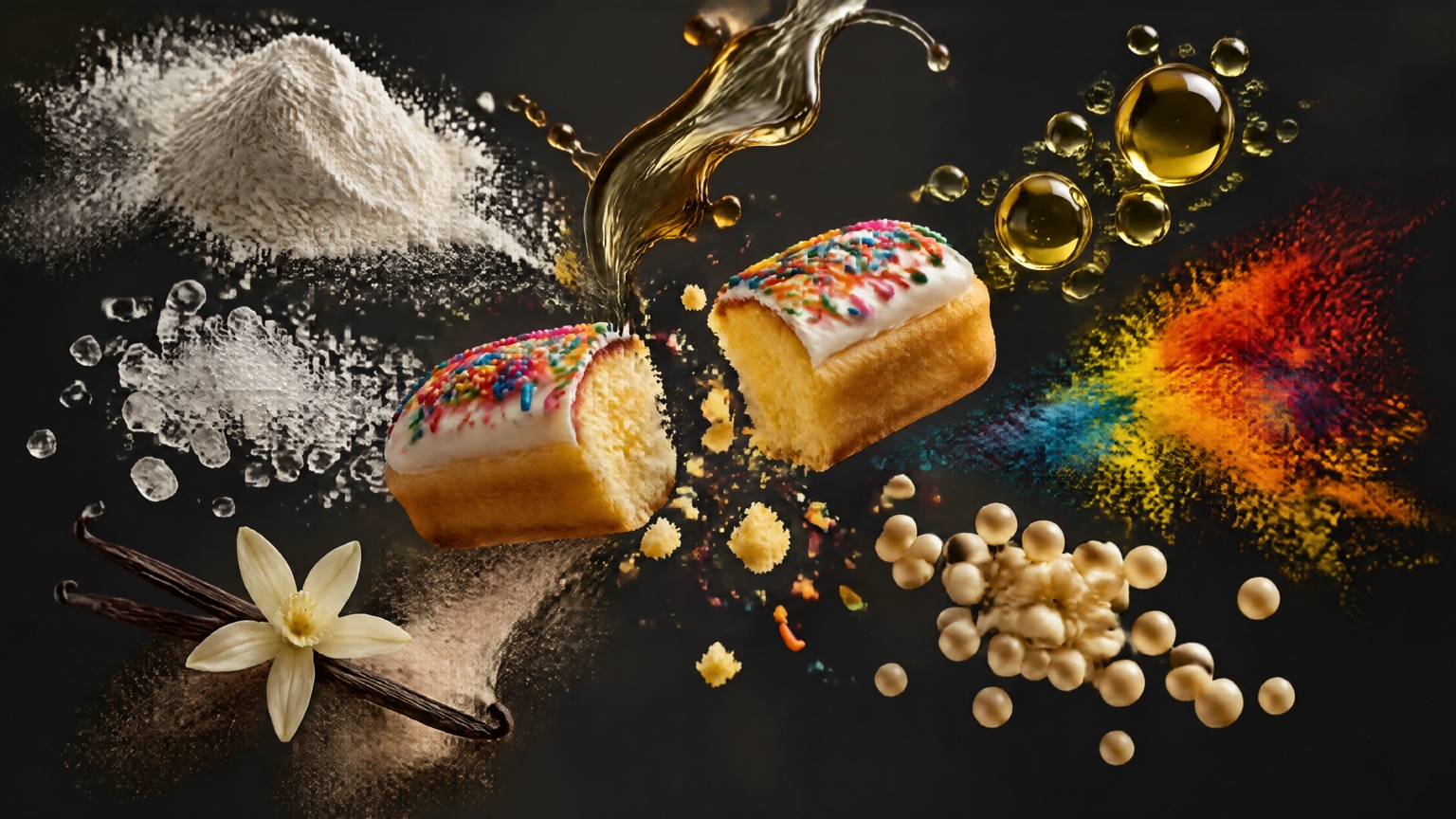 Stylized packaged snack surrounded by sugar, oils, colors, powders and other formulation ingredients