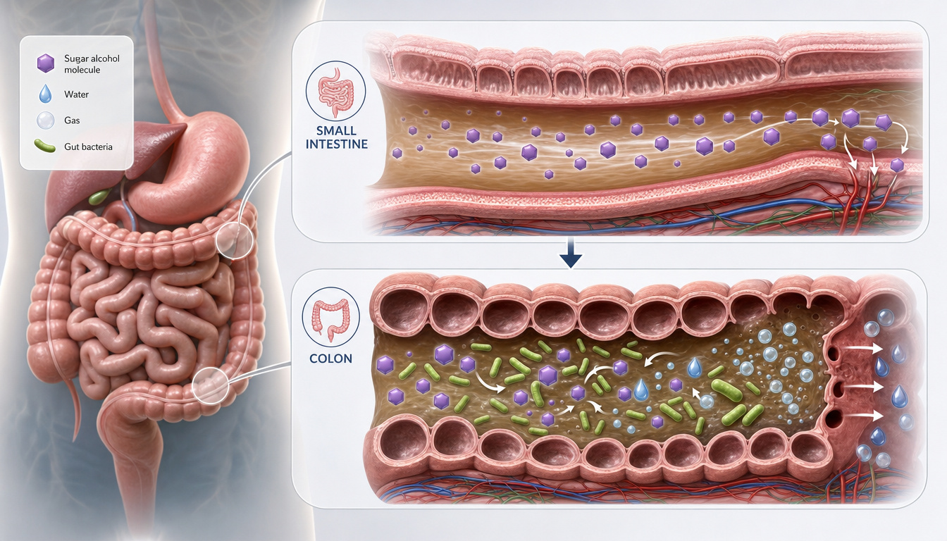 Digestive illustration showing how poorly absorbed sugar alcohols can move through the intestine